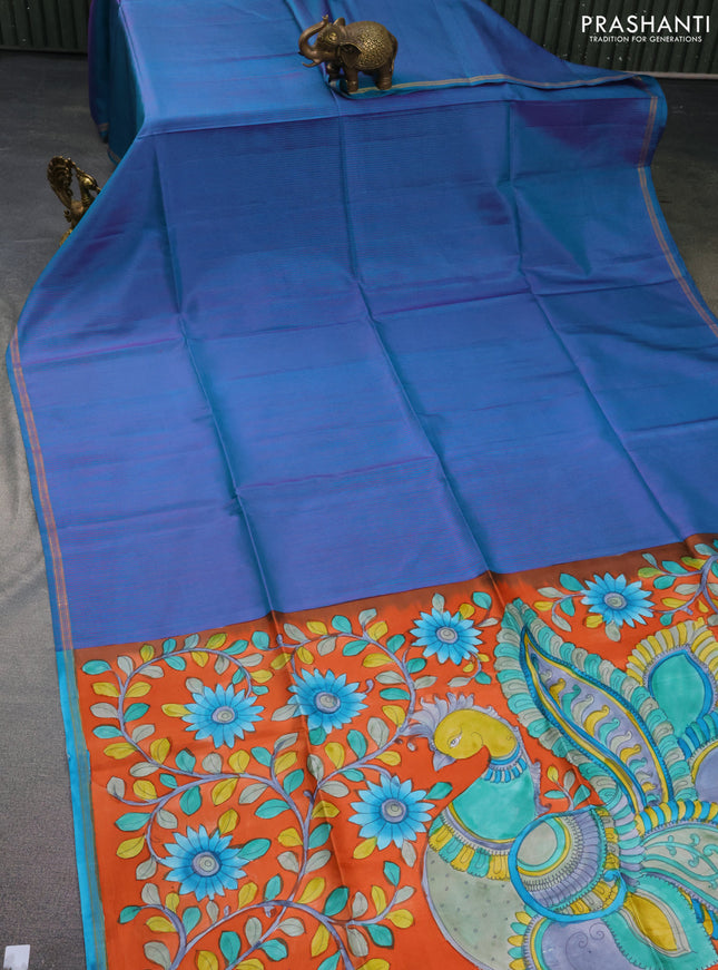 Pure soft silk saree teal blue and rustic orange with allover stripes pattern and hand painted kalamkari printed pallu
