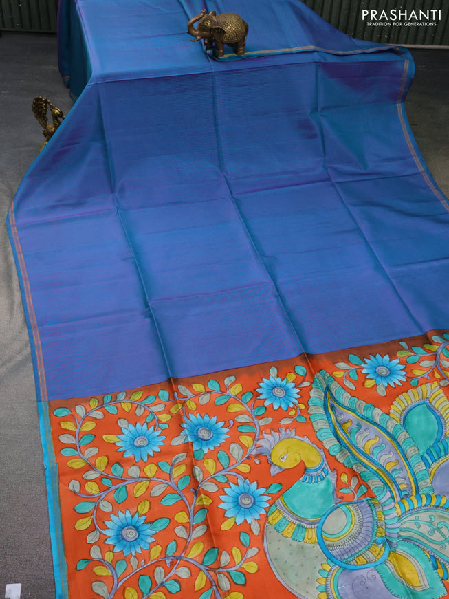 Pure soft silk saree teal blue and rustic orange with allover stripes pattern and hand painted kalamkari printed pallu