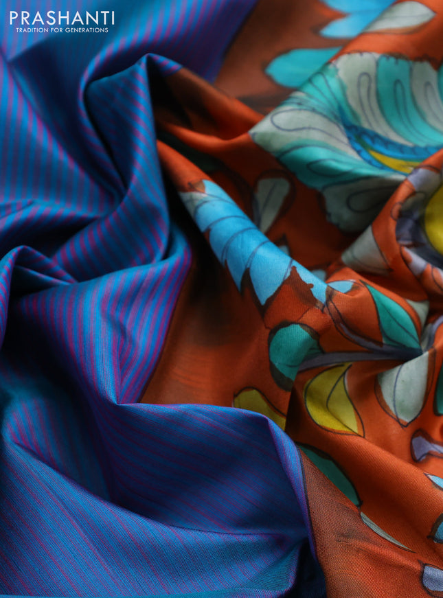 Pure soft silk saree teal blue and rustic orange with allover stripes pattern and hand painted kalamkari printed pallu