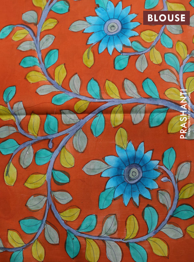 Pure soft silk saree teal blue and rustic orange with allover stripes pattern and hand painted kalamkari printed pallu