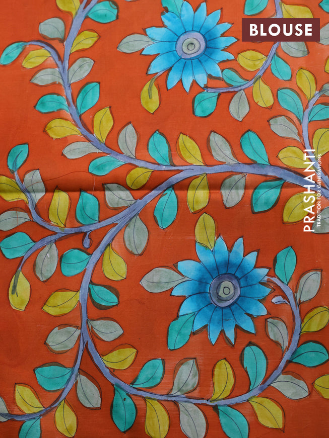 Pure soft silk saree teal blue and rustic orange with allover stripes pattern and hand painted kalamkari printed pallu