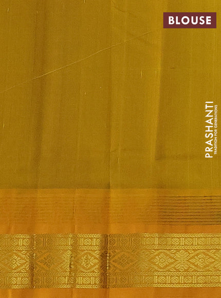Silk cotton saree blue and yellow with plain body and temple design zari woven korvai border