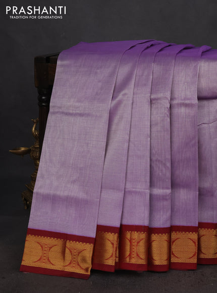 Silk cotton saree lavender and maroon with plain body and rudhraksha zari woven korvai border