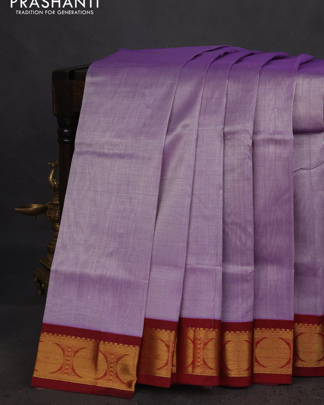 Silk cotton saree lavender and maroon with plain body and rudhraksha zari woven korvai border
