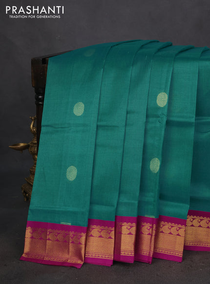 Silk cotton saree teal green shade and purple with rudhraksha zari woven buttas and zari woven korvai border