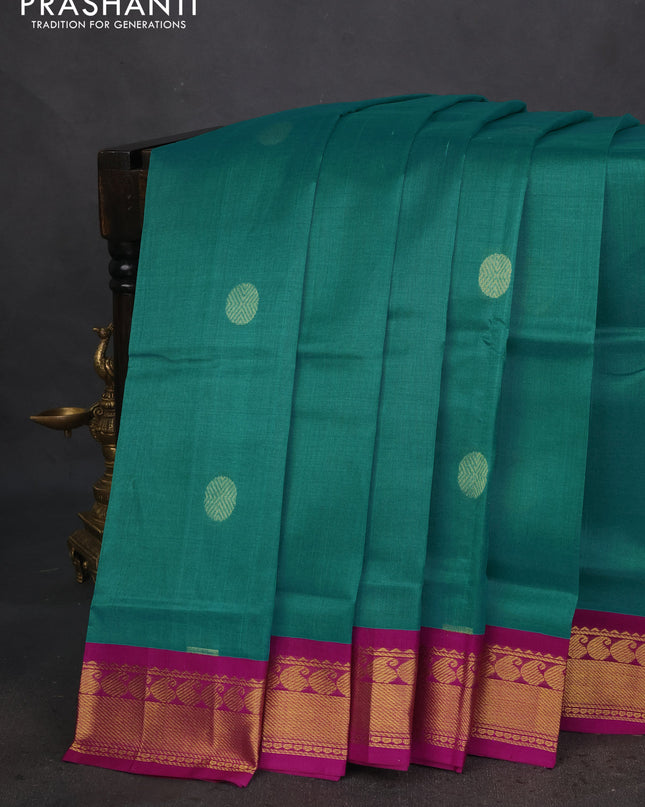 Silk cotton saree teal green shade and purple with rudhraksha zari woven buttas and zari woven korvai border