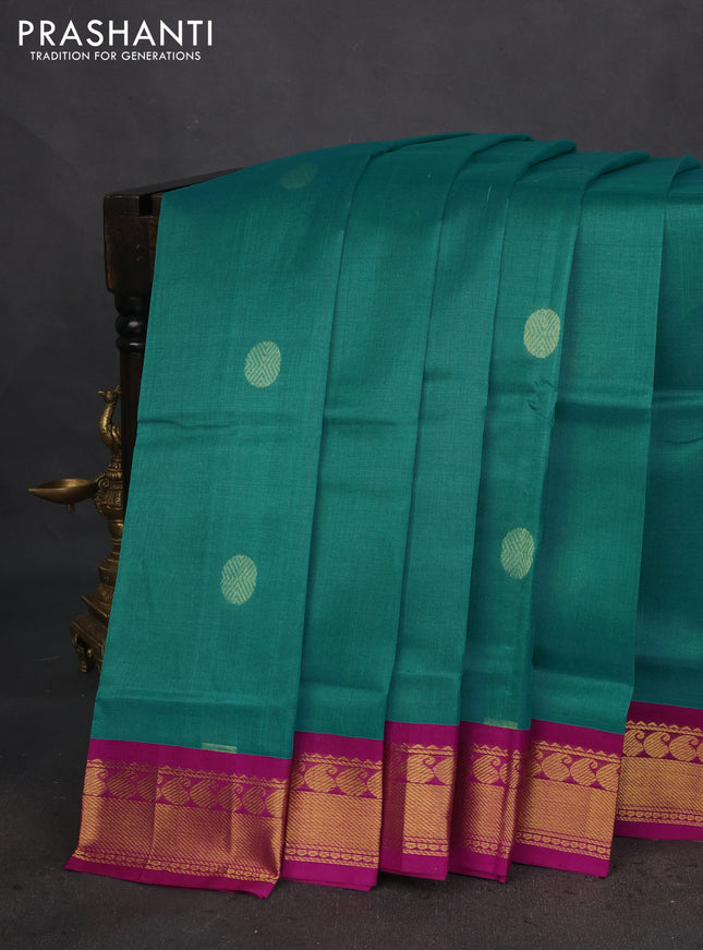 Silk cotton saree teal green shade and purple with rudhraksha zari woven buttas and zari woven korvai border
