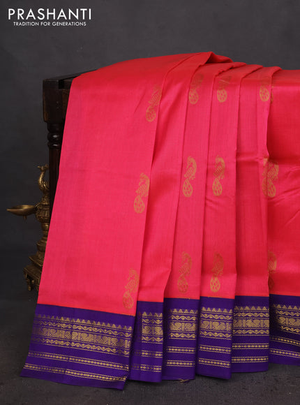 Silk cotton saree candy pink and blue with zari woven peacock buttas and zari woven korvai border