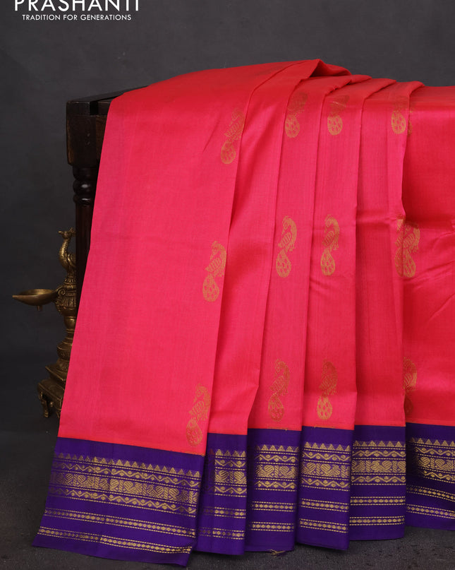 Silk cotton saree candy pink and blue with zari woven peacock buttas and zari woven korvai border