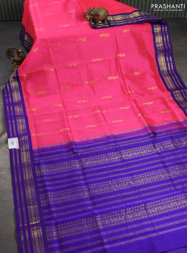 Silk cotton saree candy pink and blue with zari woven peacock buttas and zari woven korvai border