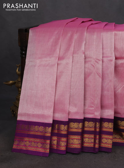 Silk cotton saree baby pink and purple with plain body and zari woven korvai border