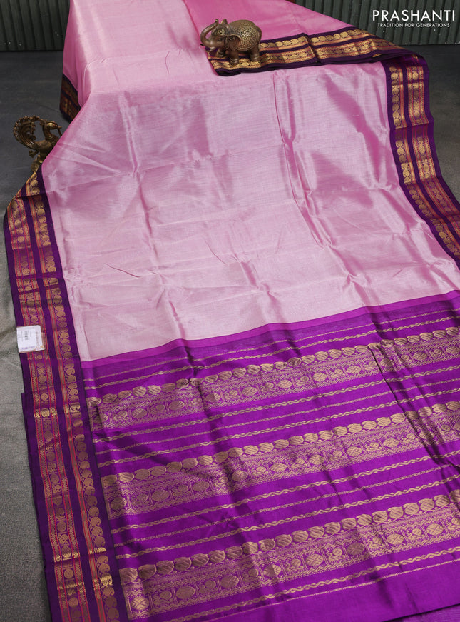 Silk cotton saree baby pink and purple with plain body and zari woven korvai border