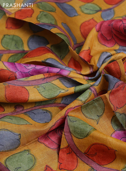 Tussar hand painted blouse piece mustard yellow with kalamkari prints