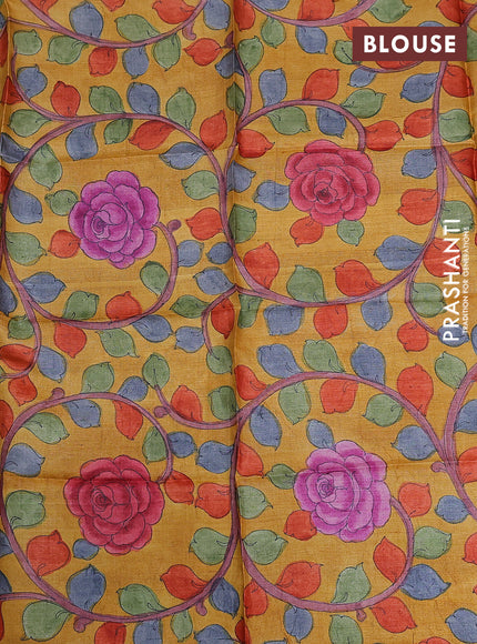 Tussar hand painted blouse piece mustard yellow with kalamkari prints
