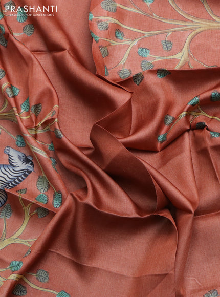 Tussar hand painted blouse piece rust shade with kalamkari prints