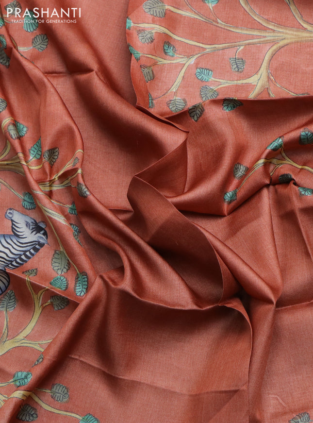 Tussar hand painted blouse piece rust shade with kalamkari prints