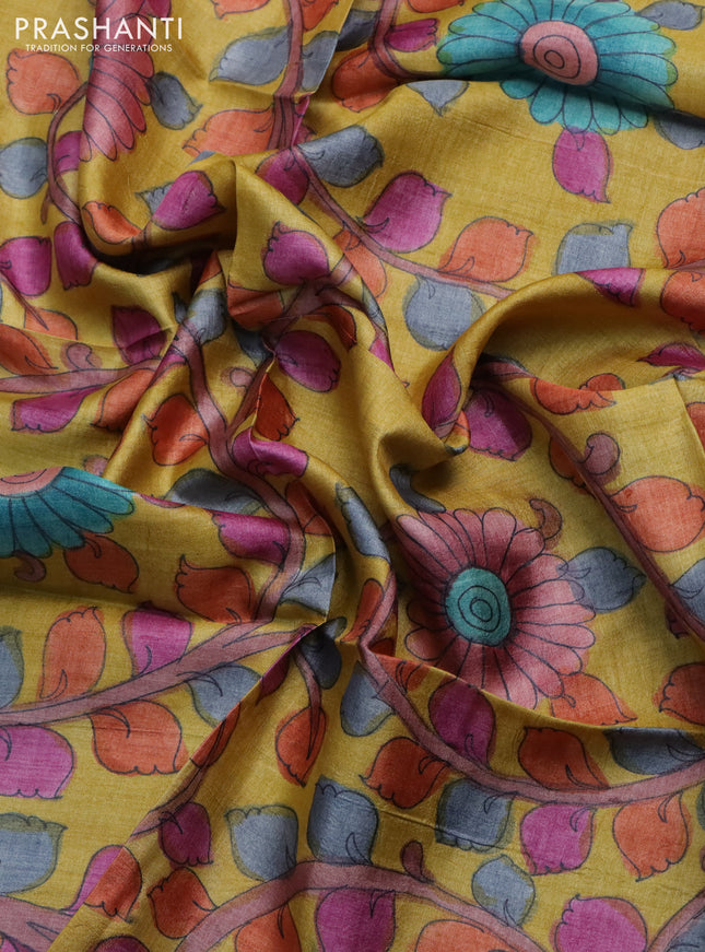 Tussar hand painted blouse piece mustard yellow with kalamkari prints