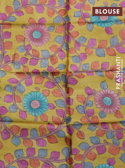 Tussar hand painted blouse piece mustard yellow with kalamkari prints