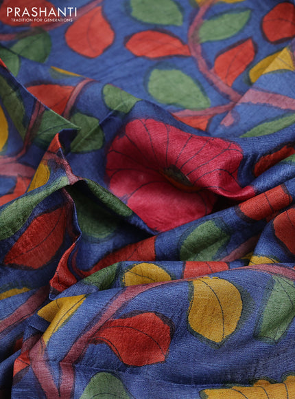 Tussar hand painted blouse piece blue shade with kalamkari prints
