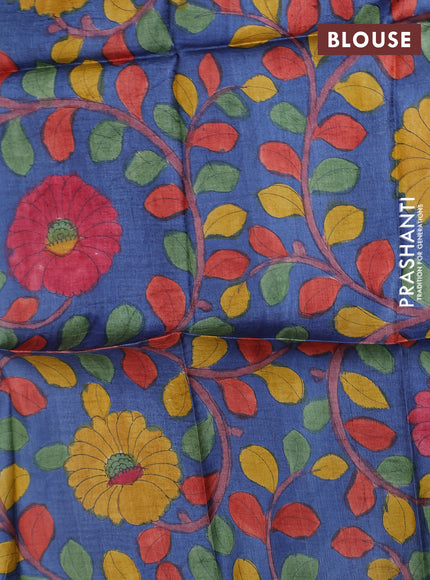 Tussar hand painted blouse piece blue shade with kalamkari prints