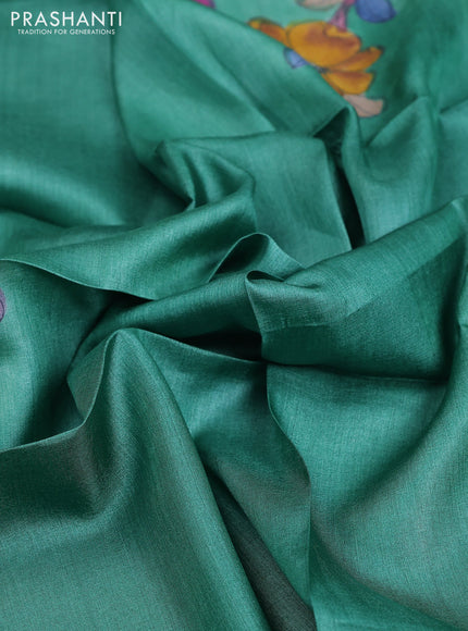 Tussar hand painted blouse piece green shade with kalamkari prints
