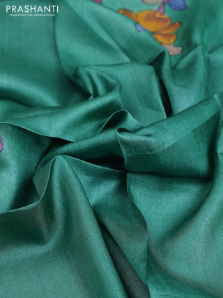 Tussar hand painted blouse piece green shade with kalamkari prints
