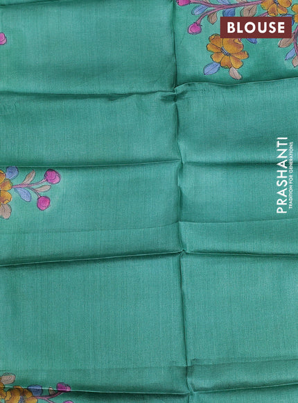 Tussar hand painted blouse piece green shade with kalamkari prints