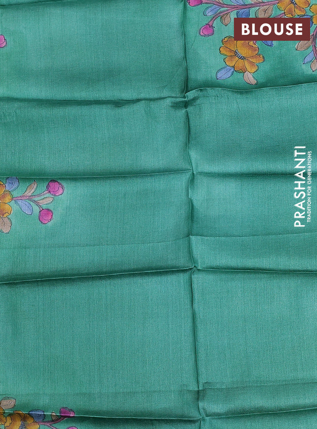Tussar hand painted blouse piece green shade with kalamkari prints
