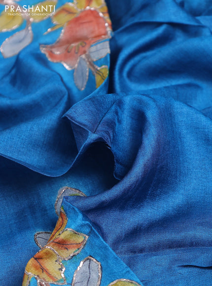 Tussar hand painted blouse piece cs blue with allover kalamkari prints & pita work