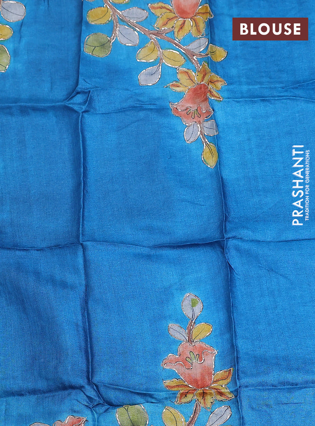 Tussar hand painted blouse piece cs blue with allover kalamkari prints & pita work