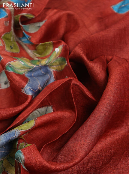 Tussar hand painted blouse piece orange with allover kalamkari prints & sequin work