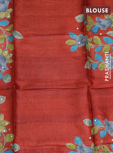 Tussar hand painted blouse piece orange with allover kalamkari prints & sequin work