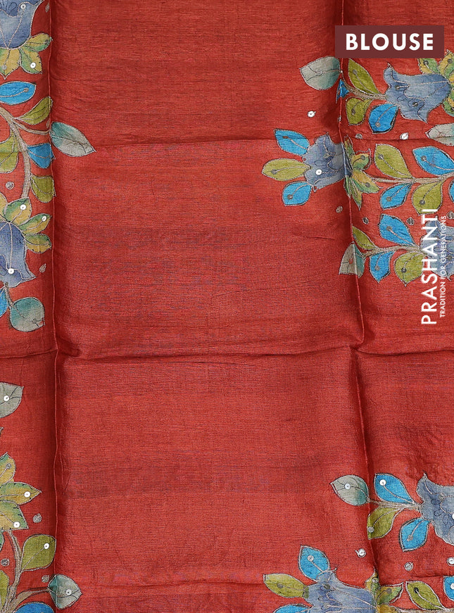 Tussar hand painted blouse piece orange with allover kalamkari prints & sequin work