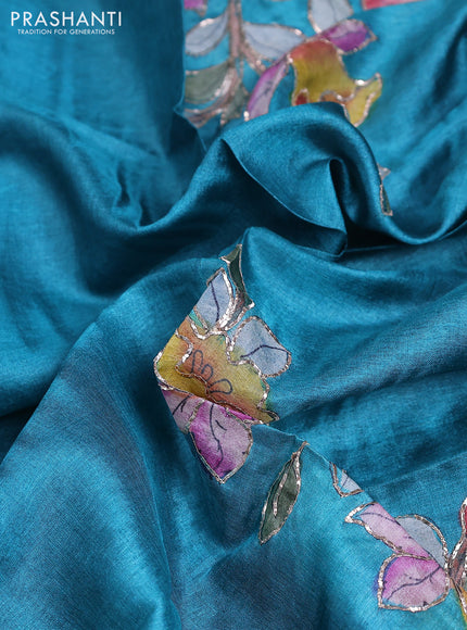 Tussar hand painted blouse piece teal blue with allover kalamkari prints & pita work