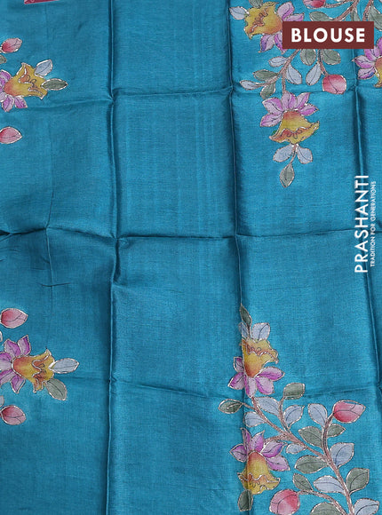 Tussar hand painted blouse piece teal blue with allover kalamkari prints & pita work