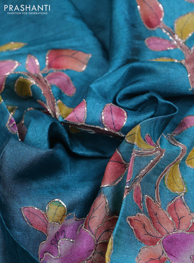 Tussar hand painted blouse piece teal blue with allover kalamkari prints & pita work