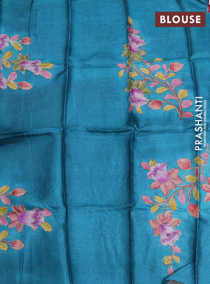 Tussar hand painted blouse piece teal blue with allover kalamkari prints & pita work