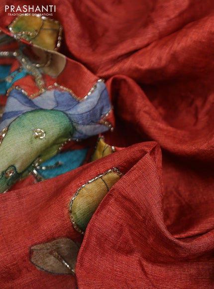 Tussar hand painted blouse piece rustic orange with allover kalamkari prints & beaded work