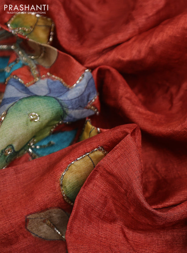 Tussar hand painted blouse piece rustic orange with allover kalamkari prints & beaded work