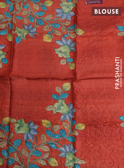 Tussar hand painted blouse piece rustic orange with allover kalamkari prints & beaded work
