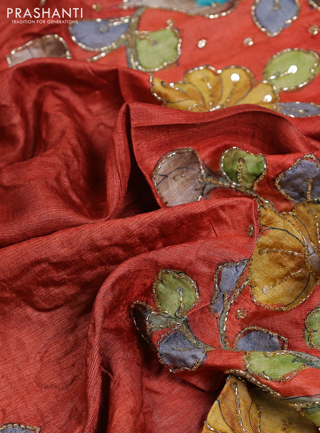 Tussar hand painted blouse piece rustic orange with allover kalamkari prints & beaded work