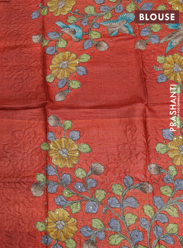 Tussar hand painted blouse piece rustic orange with allover kalamkari prints & beaded work