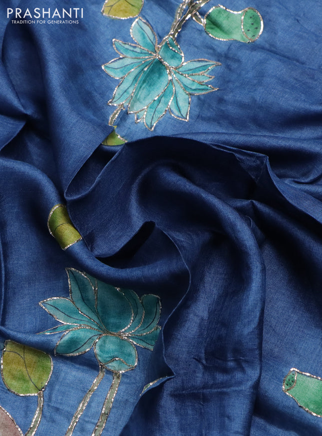 Tussar hand painted blouse piece blue with allover kalamkari prints & pita work