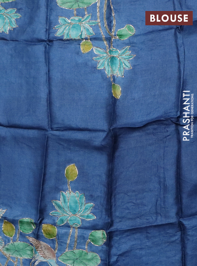 Tussar hand painted blouse piece blue with allover kalamkari prints & pita work