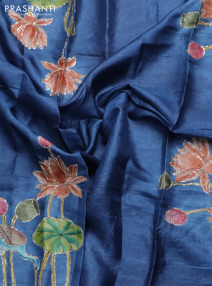 Tussar hand painted blouse piece blue with allover kalamkari prints & pita work
