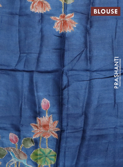 Tussar hand painted blouse piece blue with allover kalamkari prints & pita work
