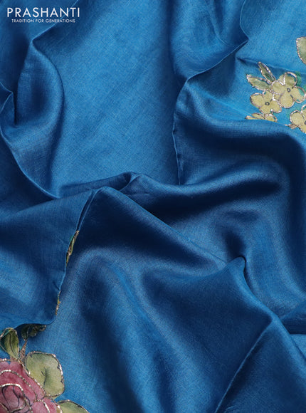 Tussar hand painted blouse piece cs blue with allover kalamkari prints & pita work