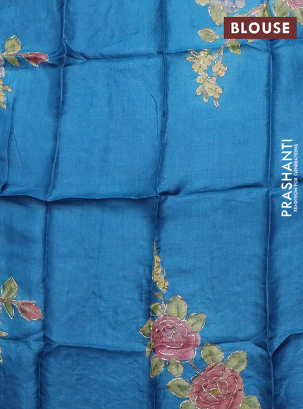 Tussar hand painted blouse piece cs blue with allover kalamkari prints & pita work