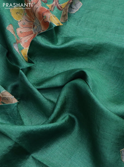 Tussar hand painted blouse piece green with allover kalamkari prints & pita work