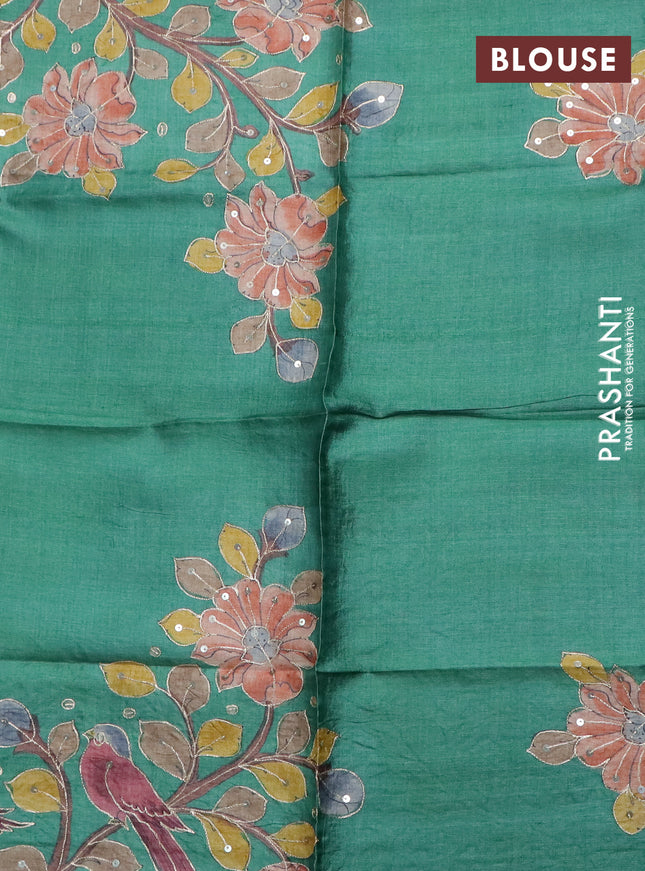 Tussar hand painted blouse piece green with allover kalamkari prints & pita work